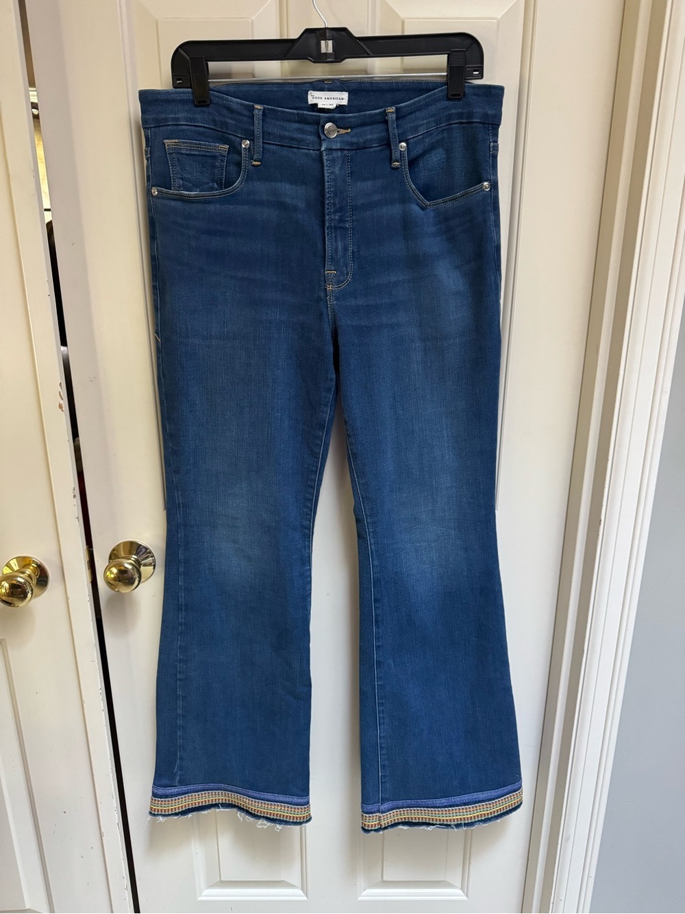 Good American Blue Flare Jeans with Embroidered Hem